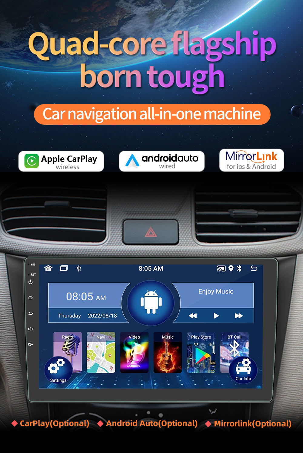 On-the-Go™ BQCC 2-Din Android 13 Car Radio (CarPlay, GPS, WiFi)