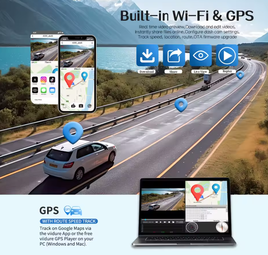 On-the-Go™ 64GB 360° Car DVR Dash Cam (WiFi, GPS, 1080P)